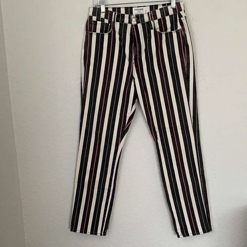 Frame Le Sylvia Band Women's Straight Leg Jeans Black White Red Stripes Size 29